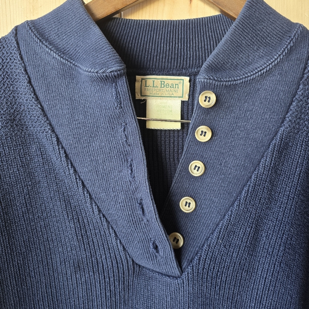 Vintage LL Bean Navy Blue Cotton Knit Button Sweater Womens Medium - Picture 5 of 10